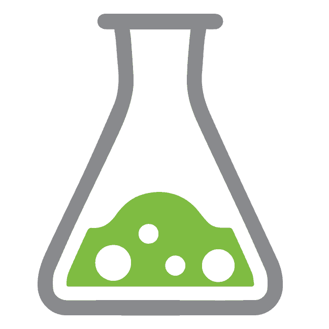 A simplistic icon of a grey Erlenmeyer flask holding a bright green bubbling liquid.