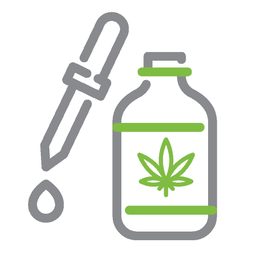 An icon of a grey bottle with a cannabis leaf on it next to a dropper with a drop of liquid or oil falling from the tip.